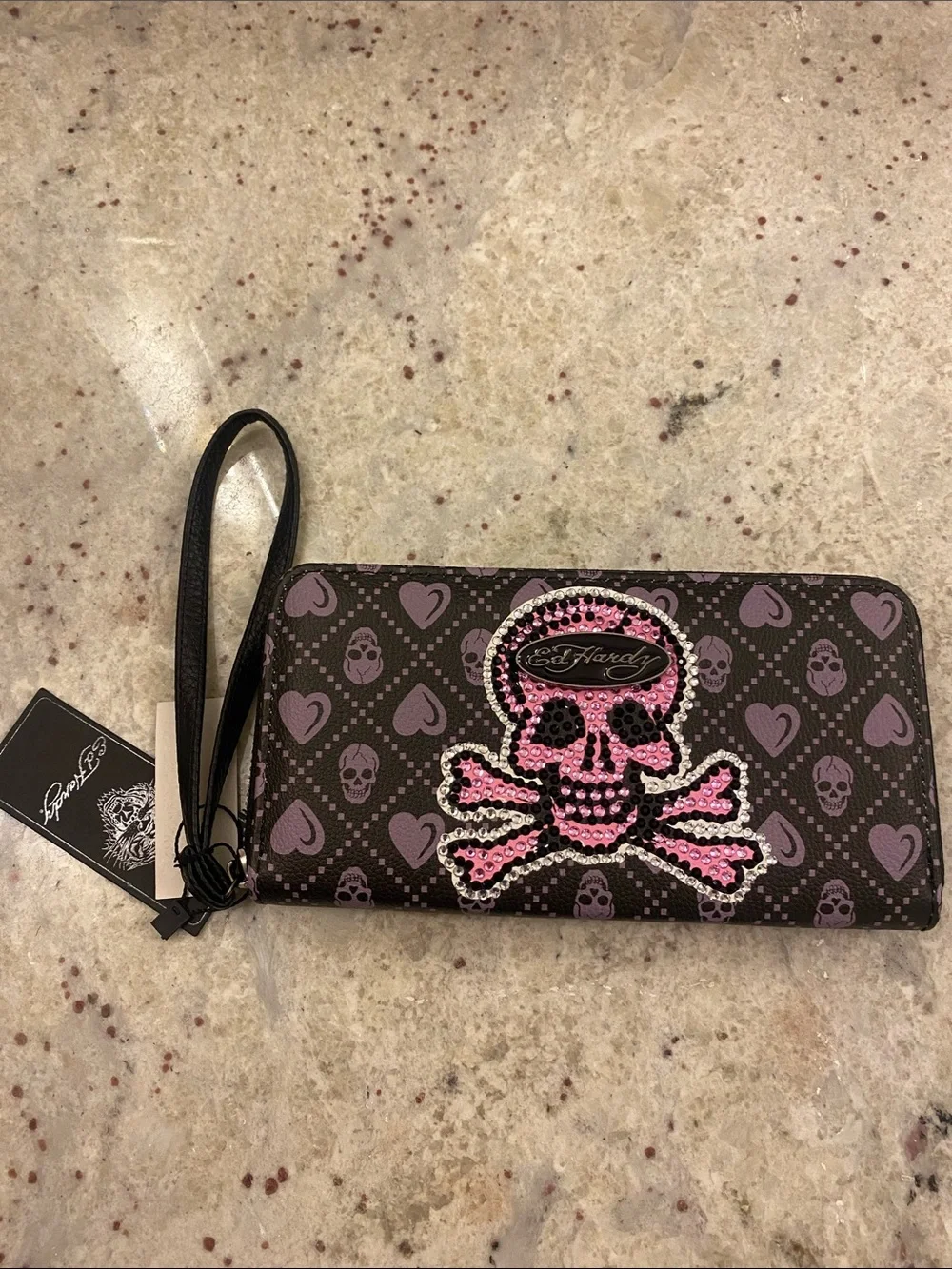 Ed Hardy Black zippered Wallet wristlet with Pink & black Rhinestone Skull NWT